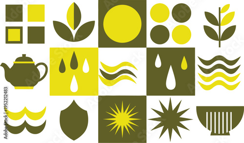 Abstract mosaic uses chartreuse yellow and olive green squares depicting elemental icons like water waves, sunbursts, and a small.