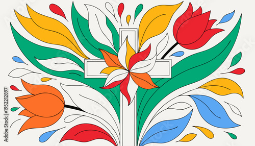 Boho Floral Cross Vector: Wooden Outline with Bursting Spring Tulips, Lilies, and Organic Green Leaves