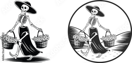 Day of the Dead skeleton woman carrying flower baskets, vintage black and white vector illustration design