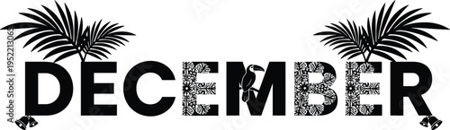 December, tropical, holiday, toucan, palm, fronds, festive, blue, floral, exotic, nature, bell, warm, climate, celebration, seasonal, vibrant, jungle, bird, illustration