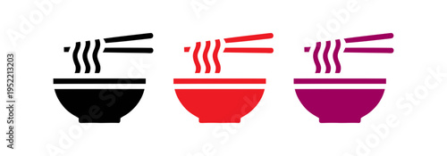 Bowls of food with chopsticks and steam icons in different colors