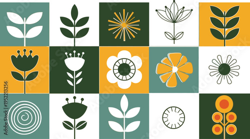 Scandinavian floral motif uses cheerful yellow and deep forest green squares displaying simple white line drawings of blossoms.