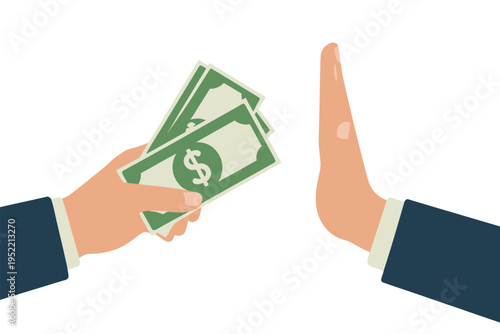 Corruption prevention and anti-bribery illustration, businessman offers bribe money, other businessman refuses cash with hand stop gesture, rejecting financial corruption and under-the-table payment 