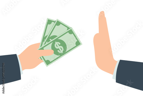 Corruption prevention and anti-bribery illustration, flat vector design showing bribery attempt, one businessman offering cash while other rejects with hand stop gesture, promoting honesty, integrity 