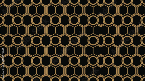 golden geometric pattern with hexagons and circles on dark background