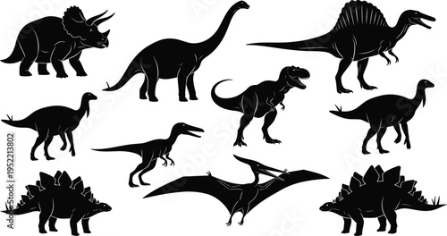Dinosaur silhouettes, cartoon dinosaurs, prehistoric creatures, educational illustration, kids learning, dinosaur species, fossil era, animal shapes, fun design, vector art
