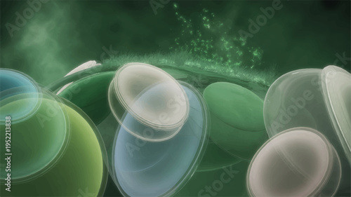 Green and blue bubbles floating on water surface with grass