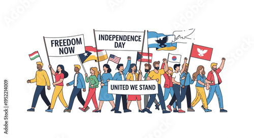 Vector illustration of diverse people holding flags and protest signs