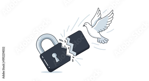 Vector illustration of broken padlock with flying white dove, symbolizing freedom