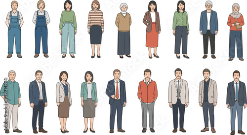Diverse group of illustrated characters, multicultural attire, professional clothing, workplace diversity, fashion styles, social representation, vector art