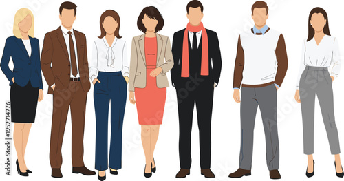 Diverse group of professionals in modern business attire, showcasing formal and casual workplace fashion styles for corporate culture