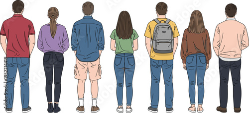 Diverse group of young people standing together, casual clothing, teamwork, friendship, unity, diversity, lifestyle illustration, modern graphic art