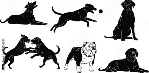 Dog silhouettes in playful poses, jumping, sitting, lying down, bulldog illustration, pet behavior, black vector icons for design use