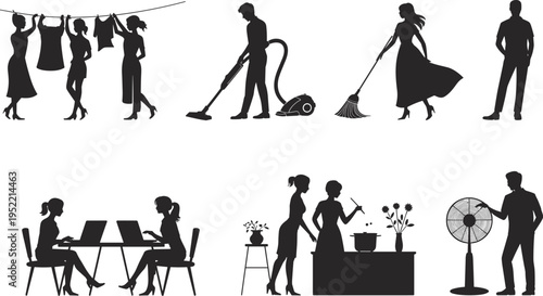 Domestic household chores and everyday lifestyle activities silhouettes of men and women working, cleaning, cooking, and using technology