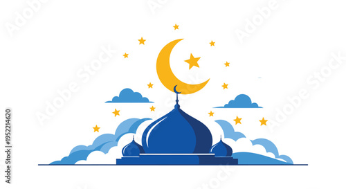 A vibrant illustration depicting a mosque under a crescent moon and starry night sky silhouette