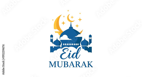 A stunning eid mubarak illustration featuring a mosque and crescent moon silhouette high quality professional detailed