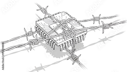Microchip Wrapped in Barbed Wire Illustration – Technology Supply Chain Disruption, Semiconductor Crisis and Cybersecurity Risk Concept