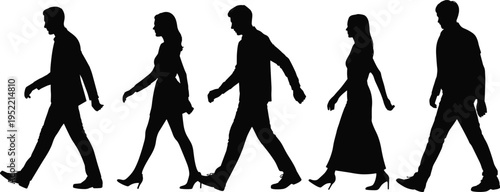 Silhouette of diverse people walking in line on white background representing daily commute urban lifestyle movement progress and pedestrian group transition towards future goals