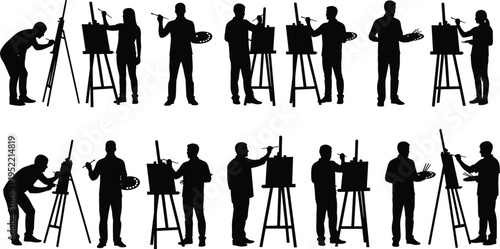 Artist silhouette collection featuring painters at easels with brushes and palettes, depicting creativity, art expression, and painting poses for design, education, and creative projects