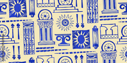 Blue and cream seamless pattern featuring classical architectural elements