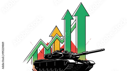 Stock Market Growth and War Impact Illustration – Rising Arrows with Tank Silhouette, Economic Conflict Concept