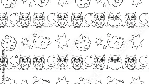 Owl and night sky pattern with stars and moons for coloring book pages