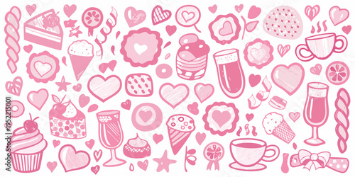 A whimsical collection of pink sweets drinks and heart shaped doodles