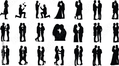 Romantic couple silhouette set with love, kiss, embrace, dance, and proposal poses, perfect for Valentine’s Day, wedding, engagement, anniversary, and relationship themed creative projects