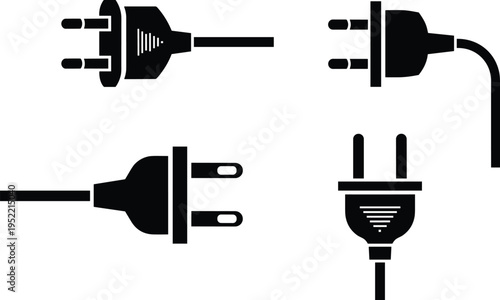 Electric plug silhouettes, black vector icons, minimalist design, power connector shapes, stylized prongs, energy symbols, voltage adapters, socket illustrations