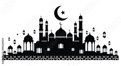 A detailed black silhouette of a mosque with a crescent moon and stars an islamic structure silhouette