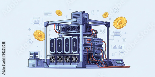 Cryptocurrency Mining Rig Illustration with GPU Mining Farm, Blockchain Technology, Ethereum Coins, Digital Currency Processing, and Crypto Mining Hardware Vector Concept