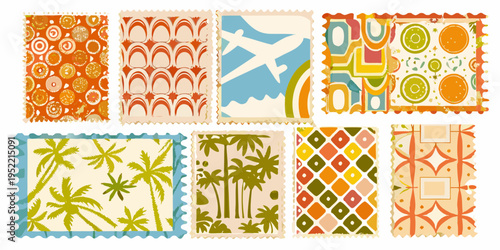 Collection of vintage postage stamps with varied retro patterned designs