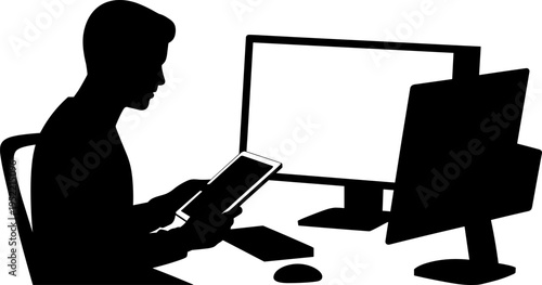 Man silhouette using tablet at computer desk, multitasking workflow concept, digital technology, remote work, office productivity, modern workspace, online communication and data processingMan silhoue