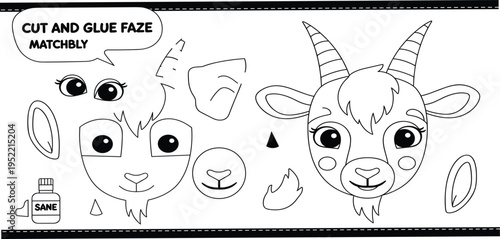 PrintCut and Glue Goat Craft Activity Worksheet for Kids with Cartoon Goat Parts DIY Paper Puzzle Educational Coloring Page