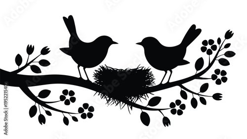 silhouette of two birds on a tree branch with a nest and leaves
