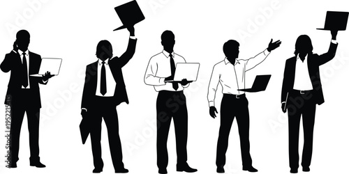 Silhouettes of business professionals in dynamic poses holding laptops and documents representing corporate teamwork, communication, presentation, leadership, and collaboration in workplace 