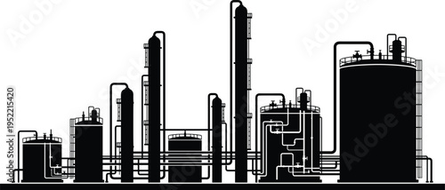 Industrial refinery plant silhouette, oil and gas processing facility, chemical factory infrastructure, storage tanks and pipelines, energy production system, manufacturing industry concept illustrati