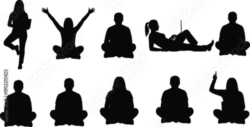 Silhouettes of ten diverse individuals in seated and standing poses representing yoga, meditation, relaxation, study, technology, and engagement in collaborative or personal activities