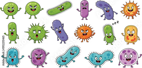 Cute Cartoon Germs and Bacteria Characters Set with Funny Virus Microbe Mascots Colorful Microorganism Collection Vector Illustration