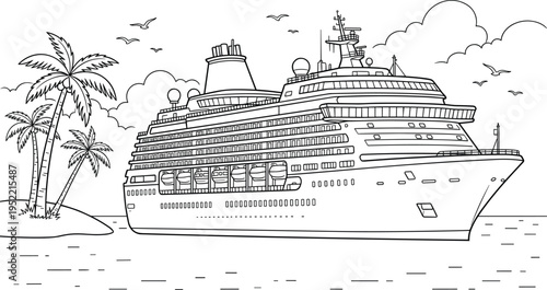 Luxury cruise ship near tropical island illustration, ocean travel and vacation concept, palm trees scenery, nautical tourism, sea journey, outline drawing style