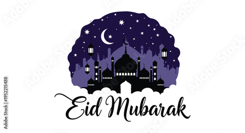 A stunning eid mubarak graphic with a mosque and crescent moon presented as a silhouette