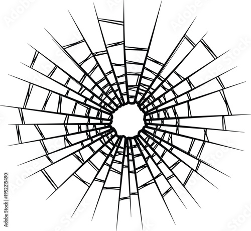 Broken glass crack pattern, shattered window effect, radial fracture texture, impact burst design, abstract damage background, cad drawing flat vector illustration