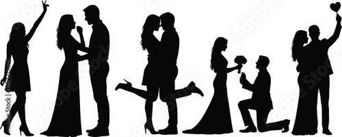 Silhouettes of couples in romantic poses including proposal, embrace, kiss, flower gift, and heart gesture representing love, relationship, marriage, romance, and emotional connection