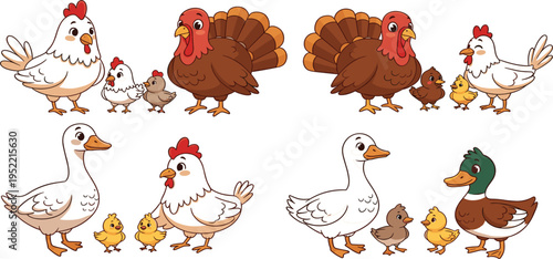 Cute Farm Poultry Set with Chicken, Turkey, Duck, Hens and Chicks Cartoon Characters, Domestic Birds Family Collection for Farm Animal and Agriculture Design