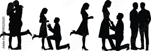 Silhouettes of couples in romantic interactions including proposal, embrace, ring exchange, and affectionate gestures representing love, relationship, marriage, romance, and emotional connection