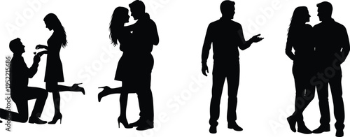 Silhouettes of couples in romantic poses including proposal, embrace, standing together, and affectionate gestures representing love, relationship, romance, and emotional connection