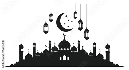 A dark silhouette depicts a crescent moon and mosque skyline for ramadan celebrations high quality professional