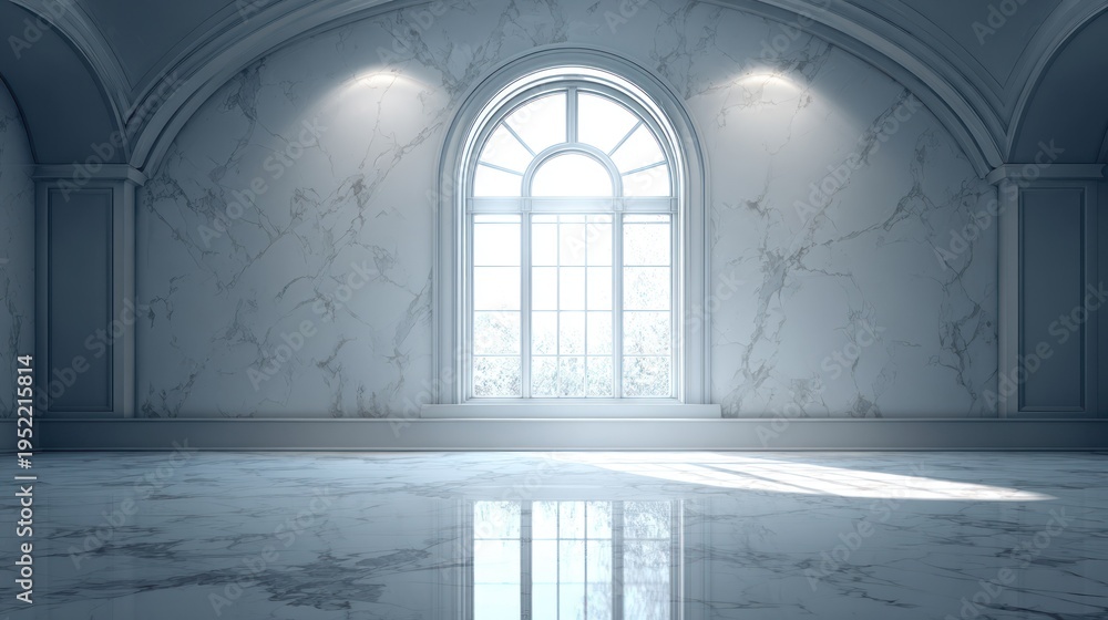 Fototapeta premium Elegant empty room with arched window and marble floor bright interior