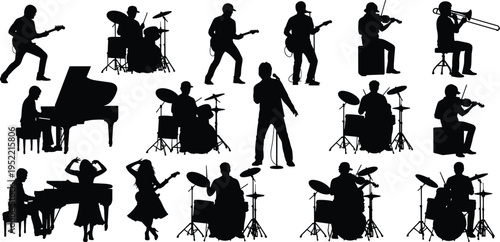 Silhouettes of diverse musicians performing with electric guitars, drums, piano, violin, trombone, and microphone representing live music, band performance, orchestra, and artistic collaboration