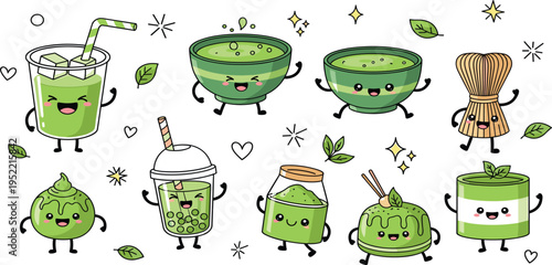 Cute Matcha Tea Character Set with Green Tea Drinks, Desserts, Whisk, Bubble Tea, and Powder Bowl Cartoon Mascots for Cafe Menu and Food Design